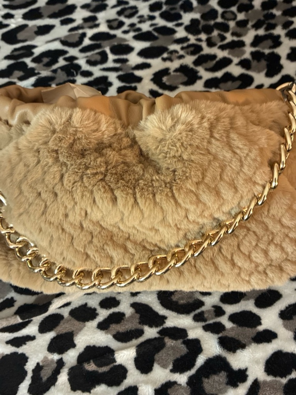 Plush Faux Fur Chain Shoulder Bag in Camel